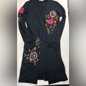 Caite Black Floral Embroidered Long Cardigan/Duster